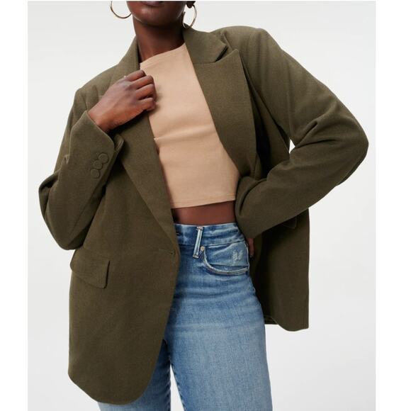 New Good American Oversized Flannel Twill Boxy Blazer Jacket Green Dark Academia - Picture 12 of 12